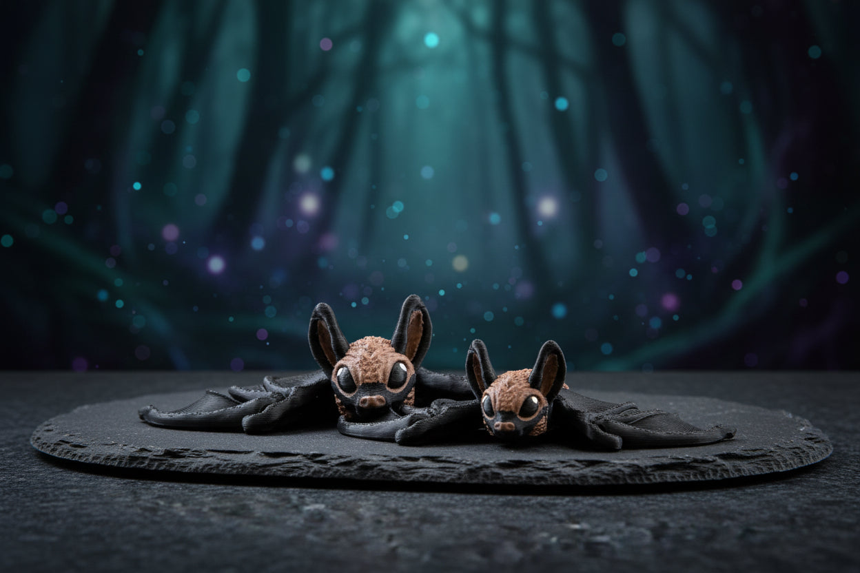 Mini-Fledermaus-Figuren in Dunkelgrau mit beigen/goldenen Gesichtern auf grauer Fläche