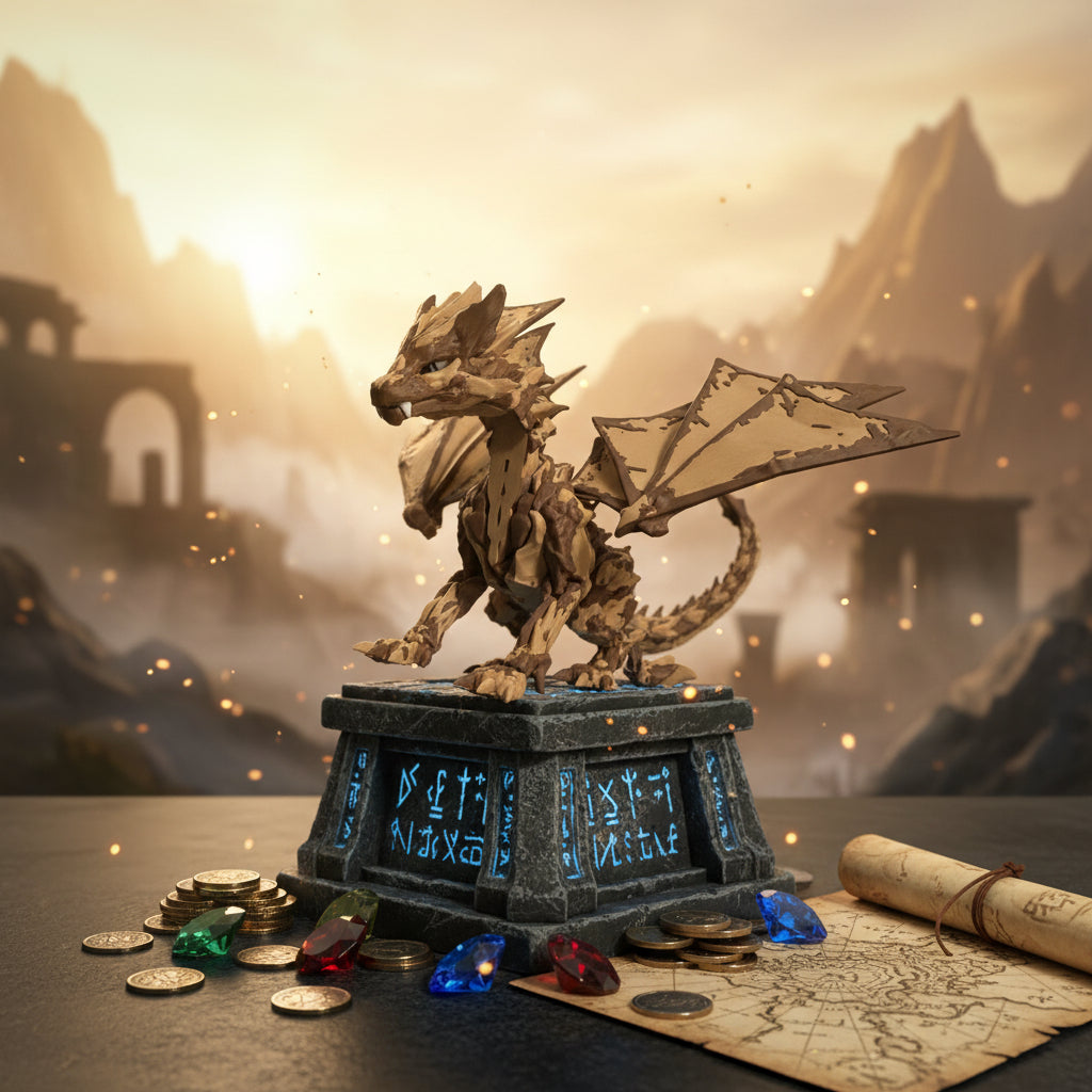 Stein-Drachenskulptur mit goldbraunen Flügeln, auf dunklem Sockel