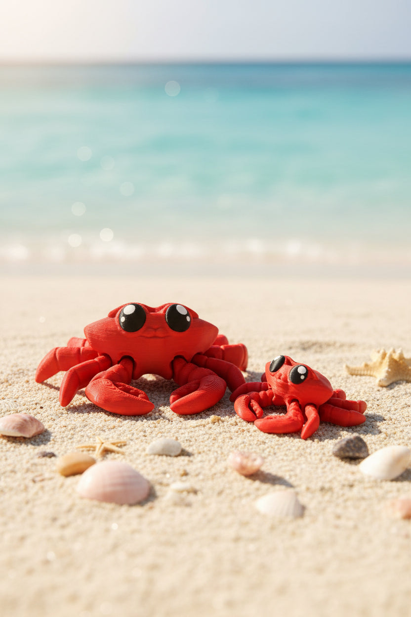 Zwei rote 3D-Krabbenfiguren mit großen schwarzen Augen und kräftigen Scheren.