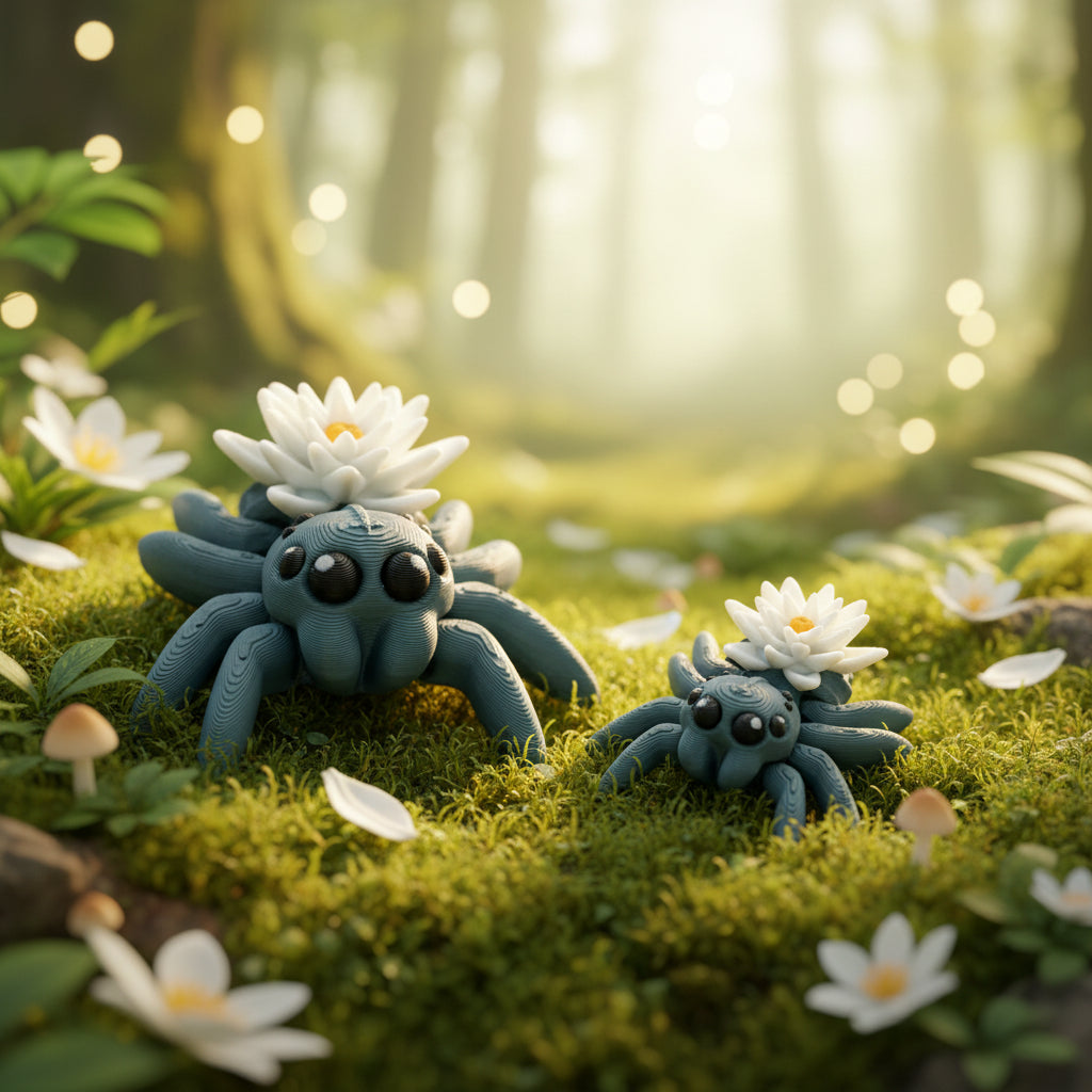 Seerosen-Spinne-Tierfigur: hellblaue Spinne mit weißer Blüte auf Holzfläche