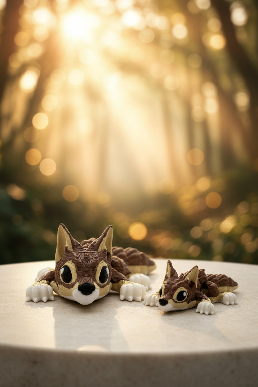 Zwei braune Mini-Wolf-Figuren mit weißen Pfoten, auf hellem Holzboden