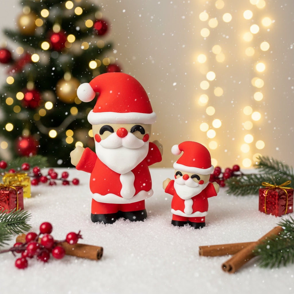 Zwei Weihnachtsmann-Figuren mit rotem Hut und weißem Bart, auf Schneidematte