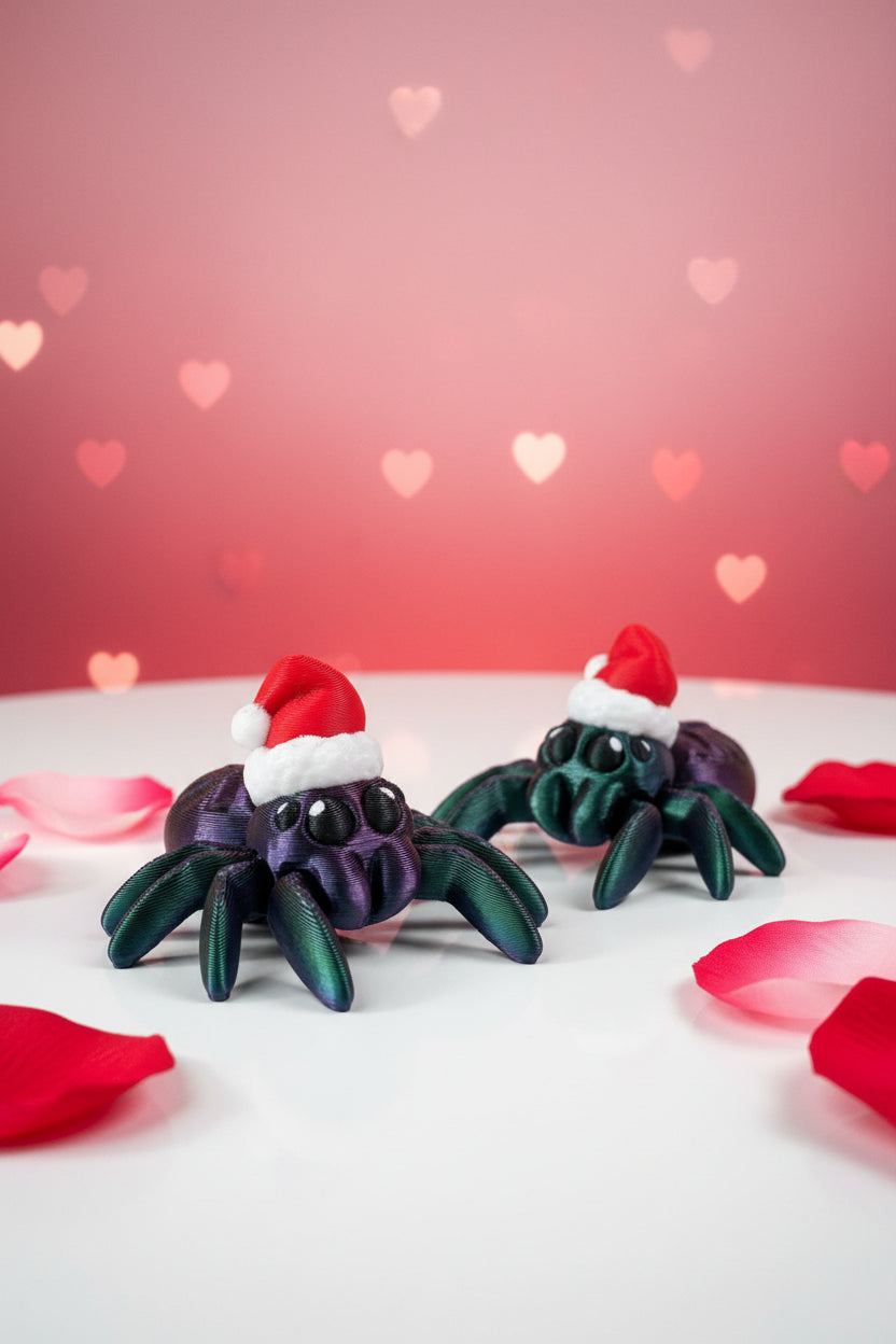 3D-Festtags-Spinne mit Santa-Mützen und roten Herzen, dunkle lila Beine