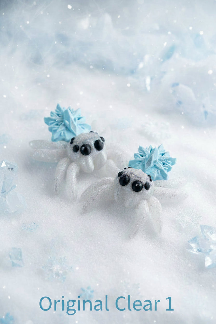 Schneeflocken-Mini-Spinne Cinderwing3D, graue Plüschspinnen mit blauen Schneeflocken-Details