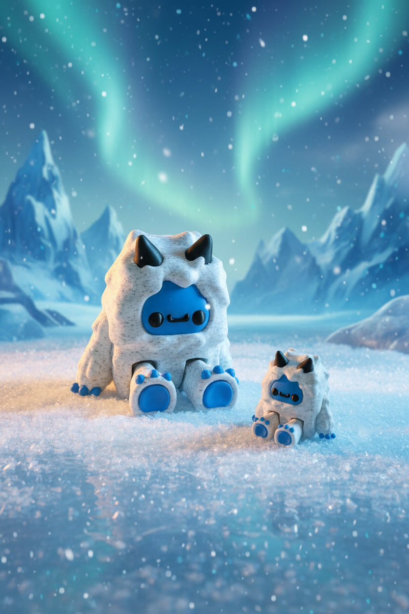 Große und kleine Yeti-Figuren, hellgrau mit blauem Gesicht und Pfoten, auf Schneidematte