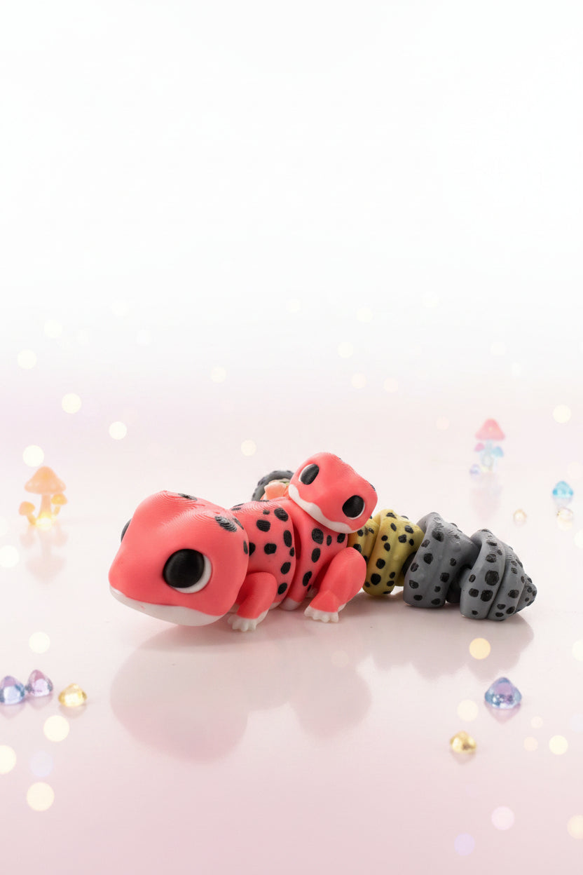 Gecko-Figuren in Pink und Blau mit Punkten auf roter Schneidematte