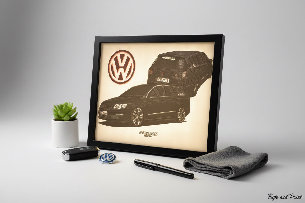 LED-Lithophanie im schwarzen Bilderrahmen mit VW-Autofoto, Fernbedienung und Tuch