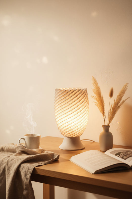 Design-Tischlampe mit spiral geripptem Lampenschirm in hellem Holzton auf schlichtem Sockel