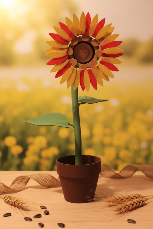 Sonnenblumenlampe mit roter und gelber Blüte auf grünem Stiel, im braunen Topf