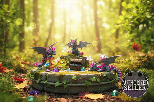 Drachen-Wolf-Figurengruppe mit Flügeln, dunkelgrau mit pinken Kristallspitzen auf Steinpodest