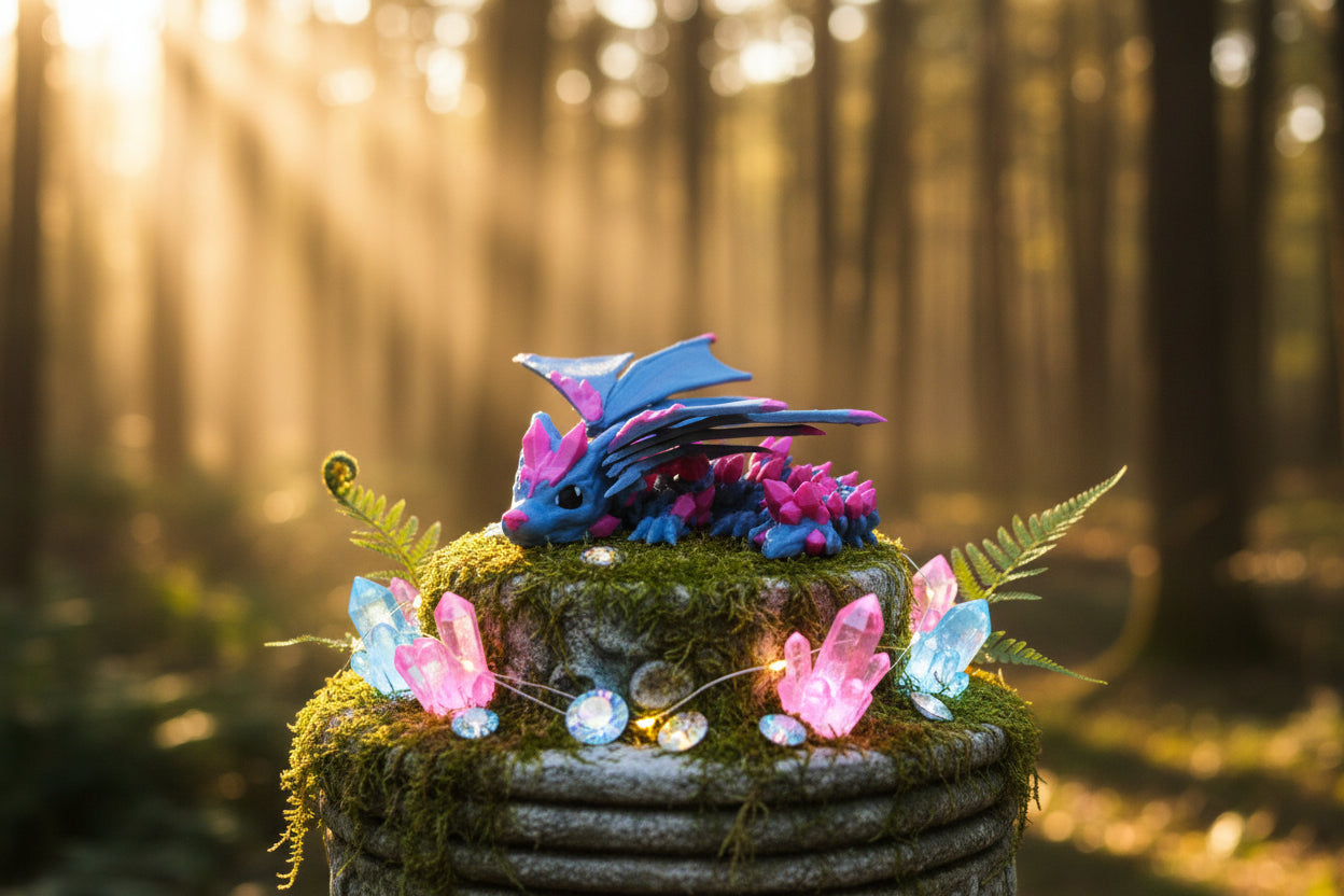 Drachen-Wolf-Figurine mit Flügeln aus türkisblauem Material, dunkelgrau mit pinken Kristallen