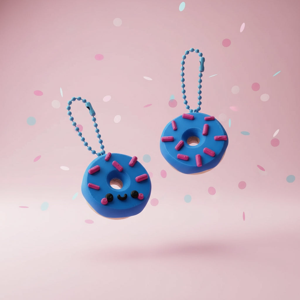 Donut-Schlüsselanhänger mit blauen Donuts und Kette, Sprinkles in Rot und Lila