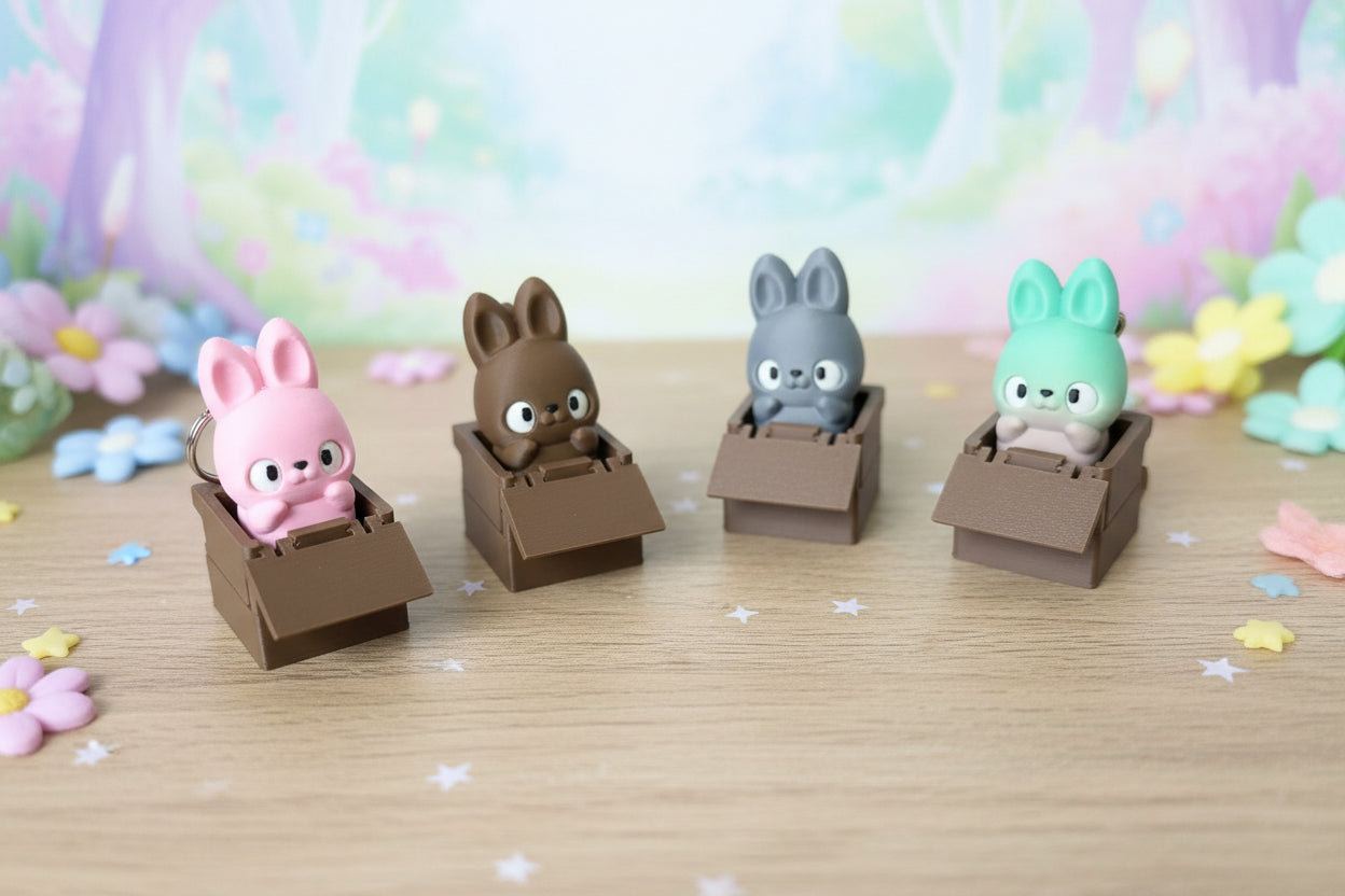 Klick-Fidget-Boxen auf Schneidematte: rosa Kaninchen, brauner Tierkopf, graue Katze und grüner Hase