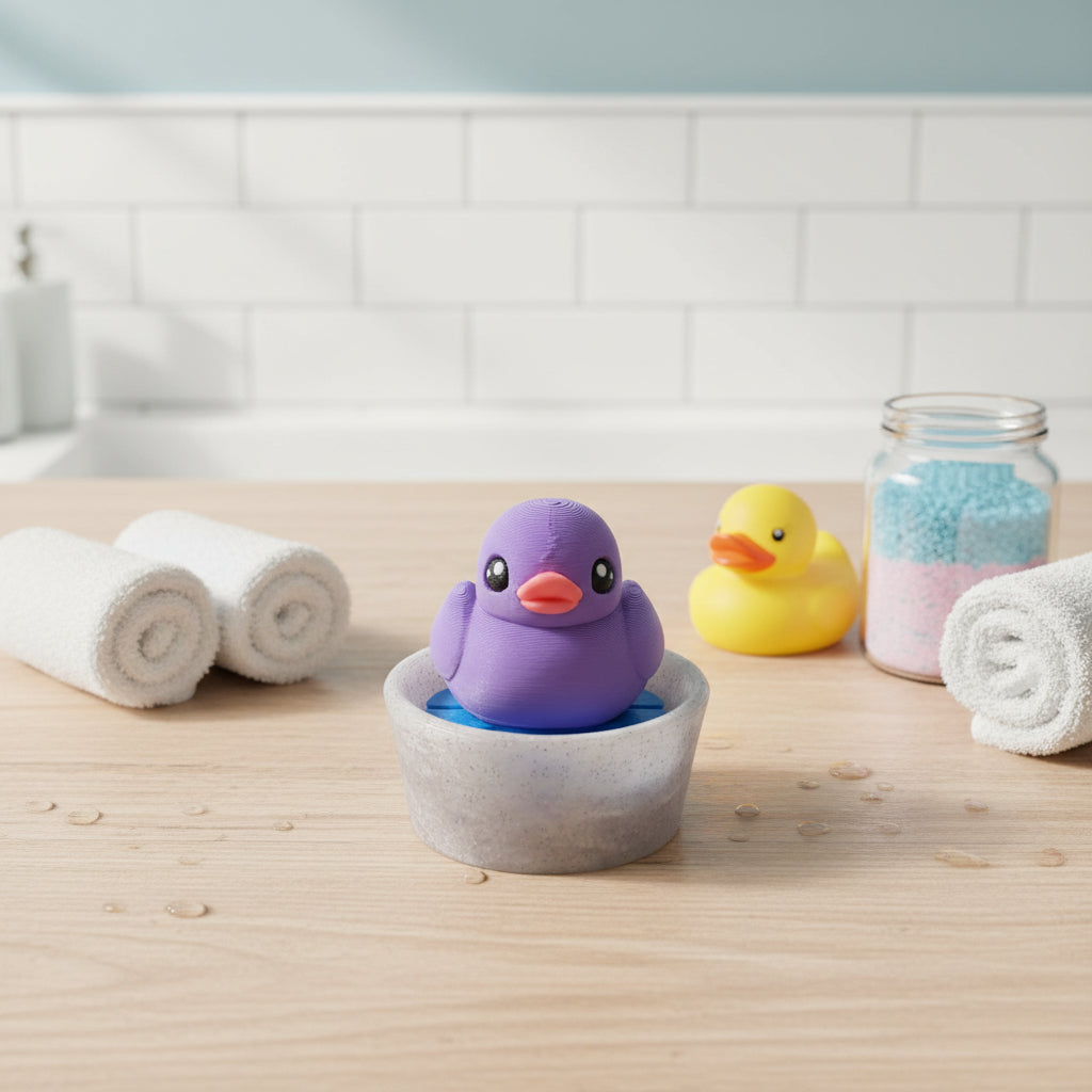 Lila Ente als Duck Klicker im grauen Schälchen mit blauem Einsatz