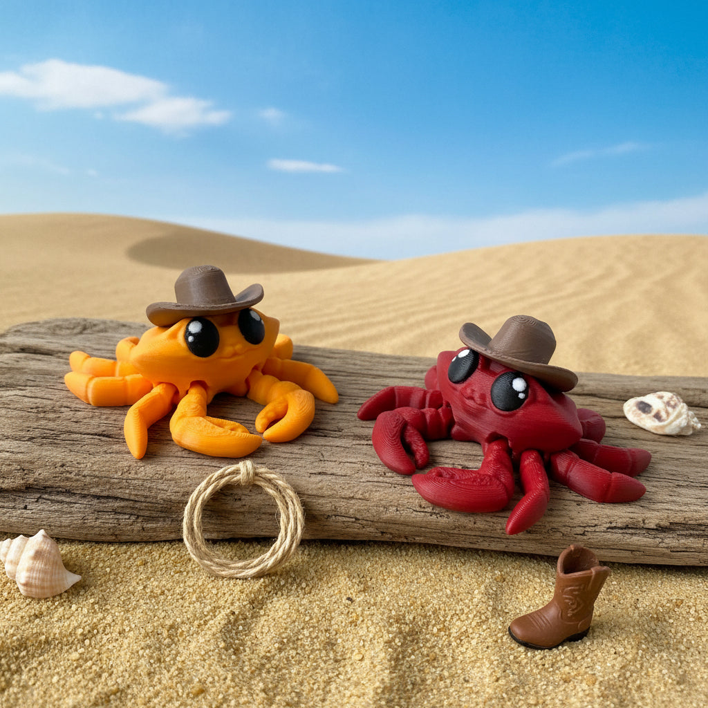 3D-Cowboy-Krabben-Deko: orangefarbene und pinke Krabbe mit Hut, auf Arbeitstisch