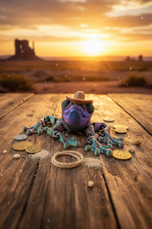 3D-Figur Wild-West Frosch Cinderwing3D, violett-schwarz mit beigem Cowboyhut