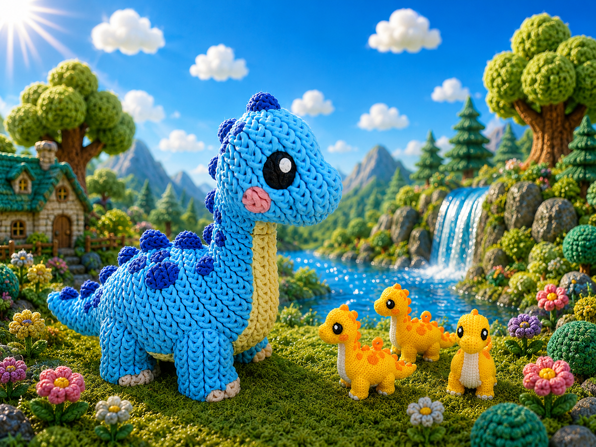 Gestrickte blaue Brachiosaurus-Figur mit gelben Küken, 3D-Optik