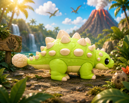 Grüner Ankylosaurus-Plüsch in Seitenansicht, beiger Stachelpanzer und kurzer Kopf mit dunklen Augen