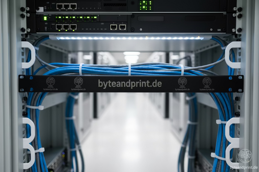 Schwarze 19-Zoll-Blindabdeckung mit gravierten Motiven und byteandprint.de-Aufdruck