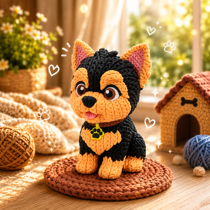 Gestrickte Yorkshire-Terrier-Hundefigur, schwarz mit bernsteinfarbenem Gesicht, auf runder Matte