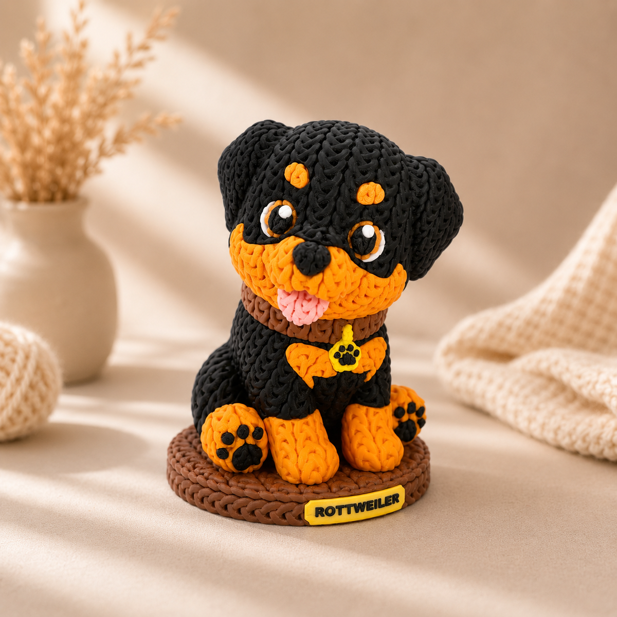 Gestrickte Hundefigur im Rottweiler-Look mit 3D-Details, sitzt auf Holzuntersetzer.