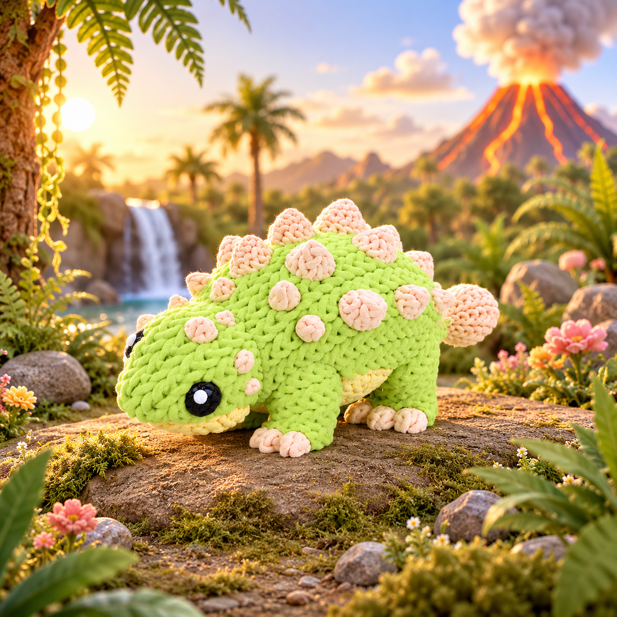 Baby-Ankylosaurus Dinofigur, grün gestrickt mit rosa Warzen und schwarzem Knopfauge