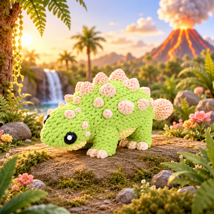 Baby-Ankylosaurus Dinofigur, grün gestrickt mit rosa Warzen und schwarzem Knopfauge