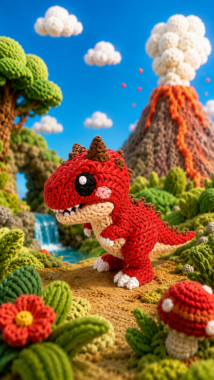Gestrickte Baby-Carnotaurus-Dinofigur, rot-beige, geknöpft wirkende Augen, aufrecht