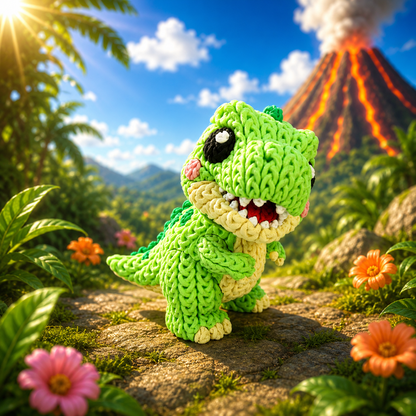Grüne T-Rex-Babydino-Figur aus Strick, frontal mit weit geöffnetem Mund und kurzem Schwanz.