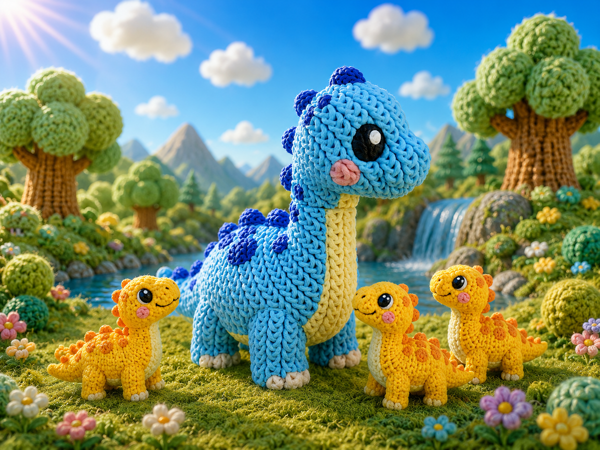Gestrickte Dinofigur Brachiosaurus in Blau mit gelben Mini-Dinos im Vordergrund