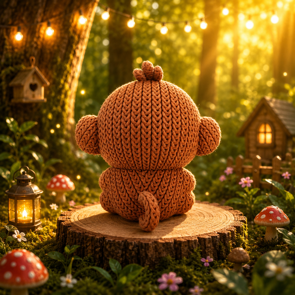 Gestrickte Affenfigur von hinten, braunes Garn, knubbeliger Hinterkopf und Standfläche