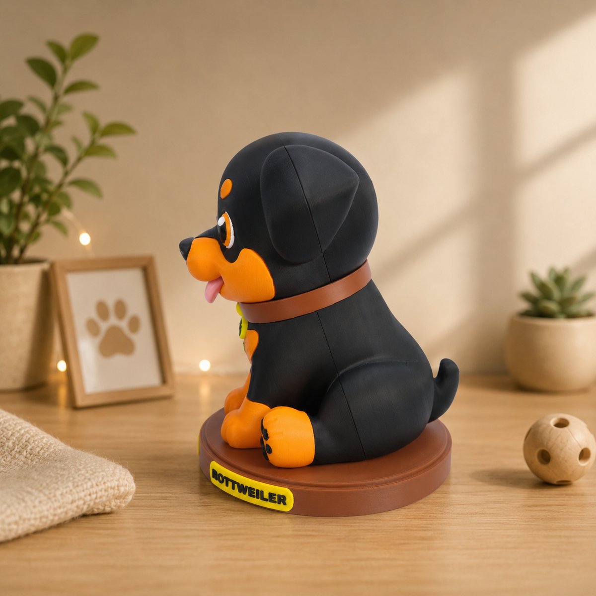 Rottweiler-Dekofigur im Profil auf rundem Sockel, schwarzes Fell mit orangefarbenem Bauch.