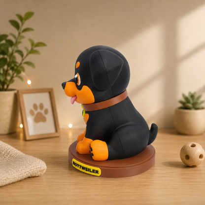 Rottweiler-Dekofigur im Profil auf rundem Sockel, schwarzes Fell mit orangefarbenem Bauch.