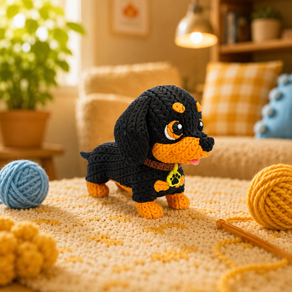 Gestrickte Dackel-Figur, schwarz mit orangefarbenem Bauch; seitliche Ansicht