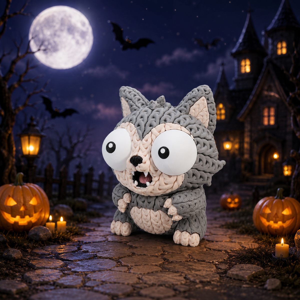 Gestrickte Werwolffigur im Frontalblick, grauer Strick, beiges Gesicht und schwarze Nase