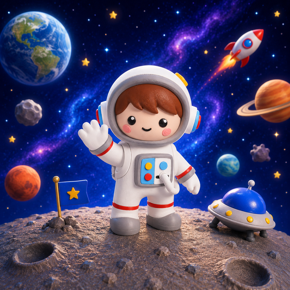 Astronautenfigur Junge im weißen Raumanzug mit Helm, erhobener Hand und roter Mundmarke