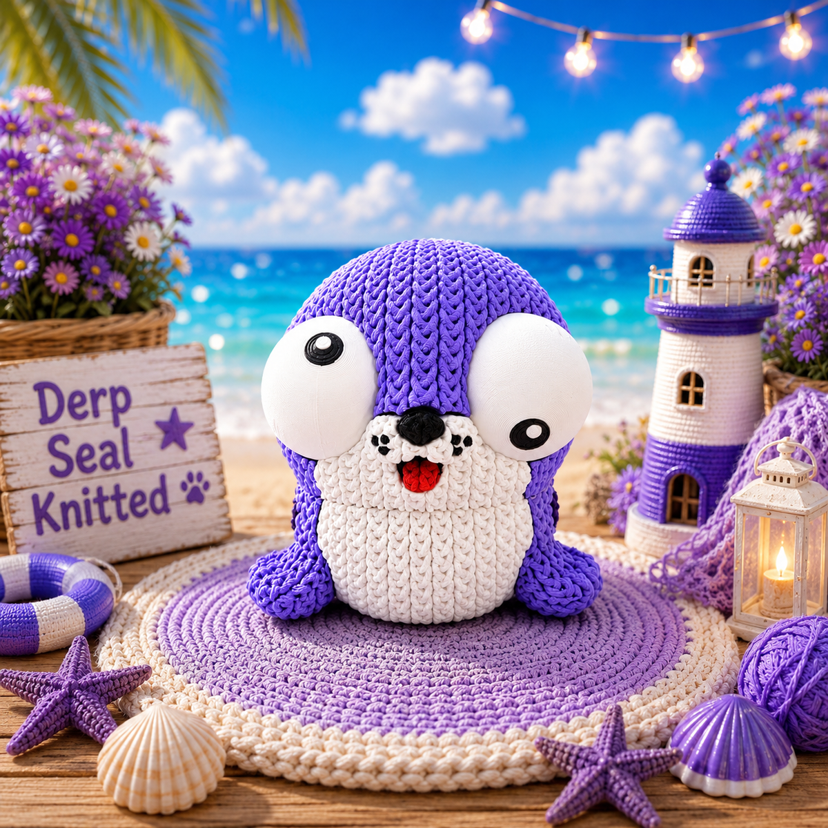 Gestrickte Robbenfigur in Flieder und Weiß mit großen Augen, rotem Mund und Plüschkopf