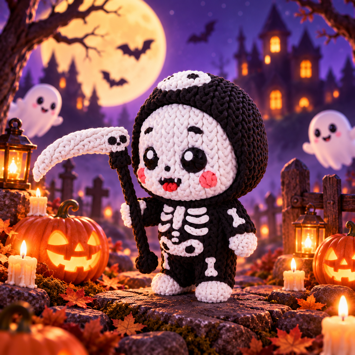 Gestrickte Sensenmann-Figur mit Kapuze: schwarz-weißes Totenkopf-Gesicht