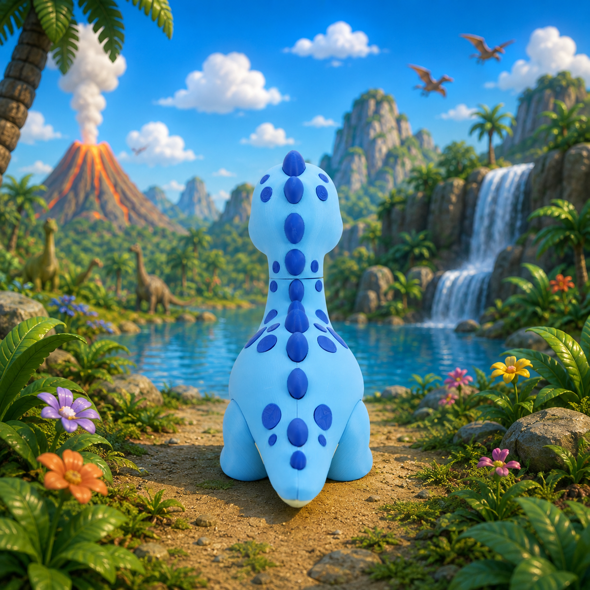 Blauer Baby-Brachiosaurus von hinten, dunkle Punkte auf dem Rücken, sitzend