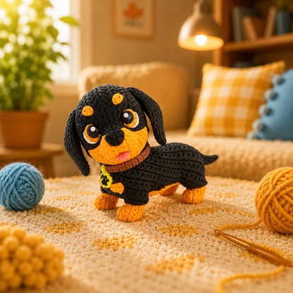 Gestrickte Dackel-Figurine in Schwarz mit orangefarbenem Bauch, leicht seitlich