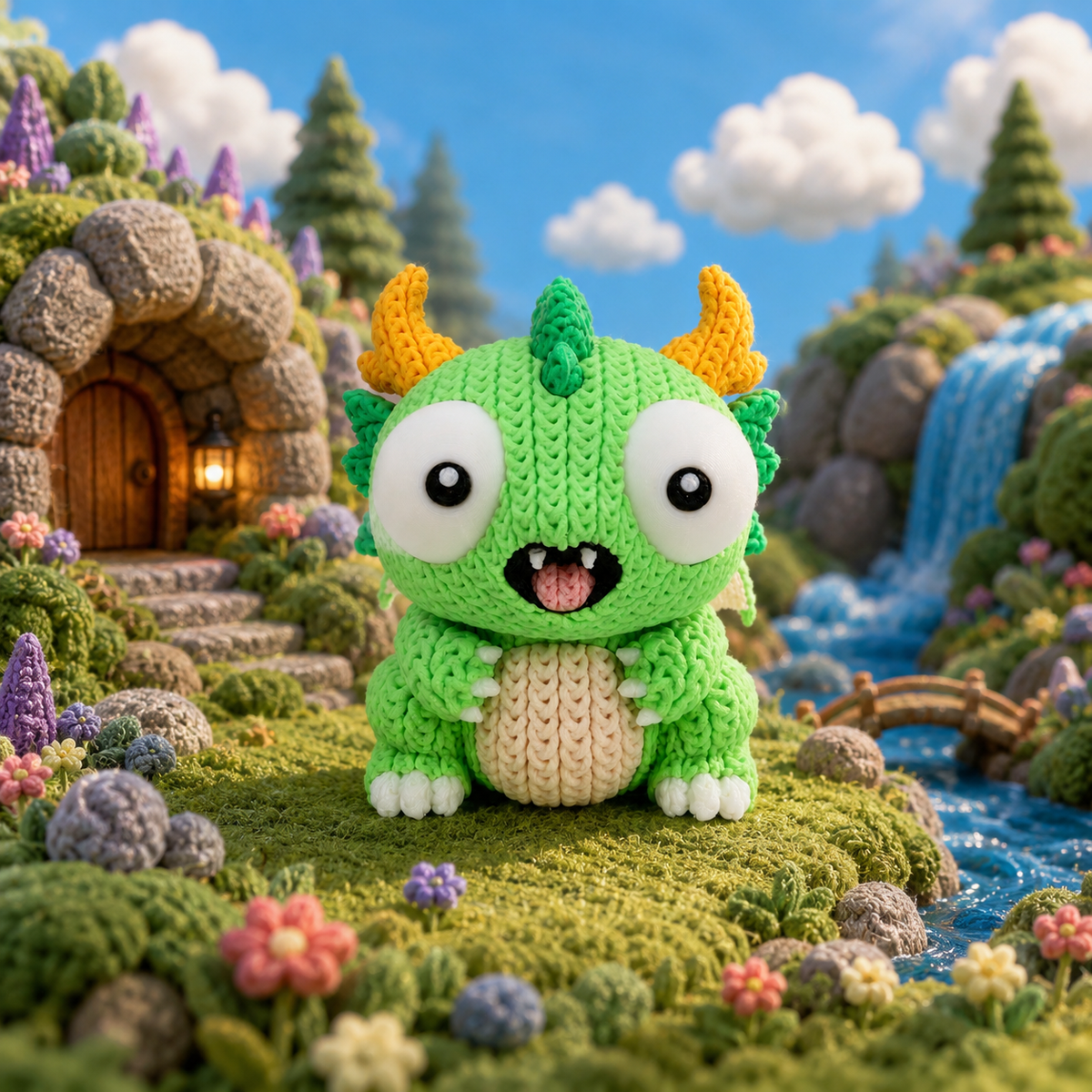 Grüne gestrickte Drachenfigur, Frontalansicht, beiger Bauch, gelbe Hörner
