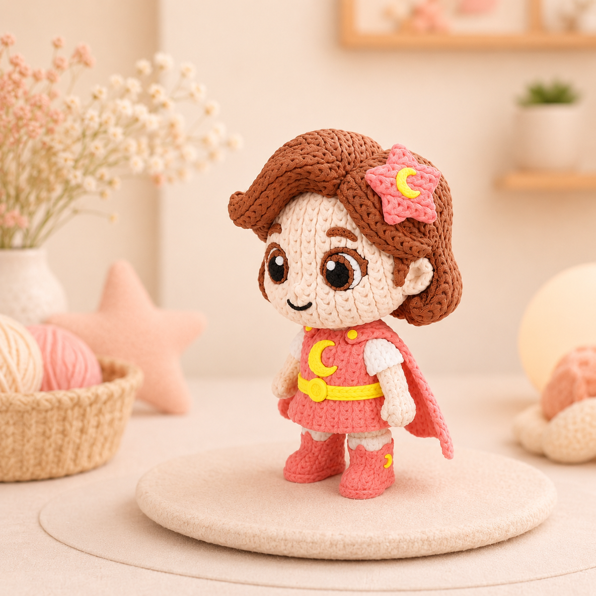 Gestrickte Figur mit braunem Haar und pinkem Kleid, auf rundem Sockel