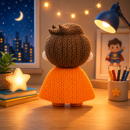 Gestrickte Fantasyfigur von hinten: braunes Häubchen und orangefarbener Strickrock