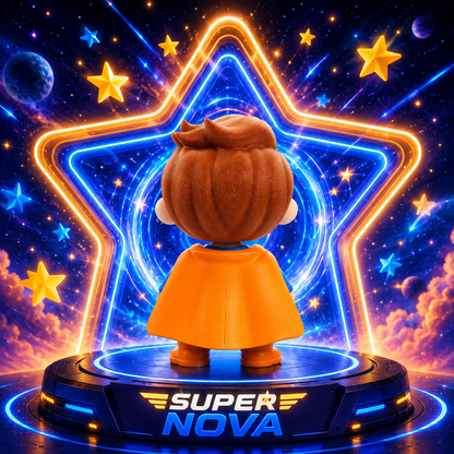3D-Figur mit braunem Kopf, orangefarbenem Kleid und SUPER NOVA-Leuchtsockel