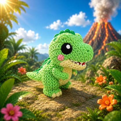 Grüne T-Rex-Babydino-Figur aus Strick, Kopf schräg nach vorn, große schwarze Augen, rotes Maul.