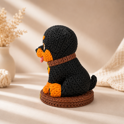 Gestrickte Hundefigur im Seitenblick, schwarze Optik mit orangefarbener Schnauze, auf Untersetzer.