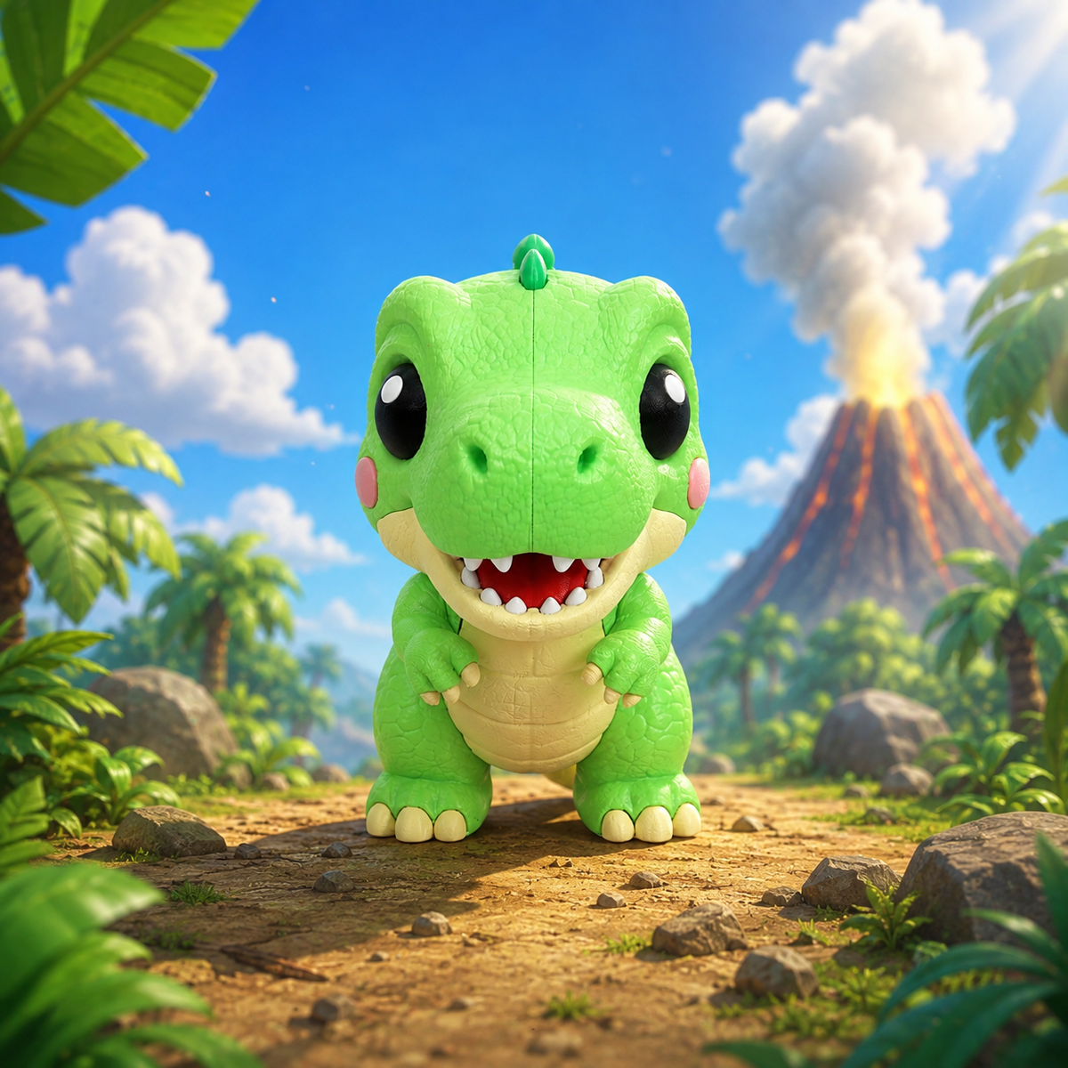 Grüne T-Rex-Babydino-Figur mit glatter Oberfläche, beige Unterseite und großen Augen, sitzt.
