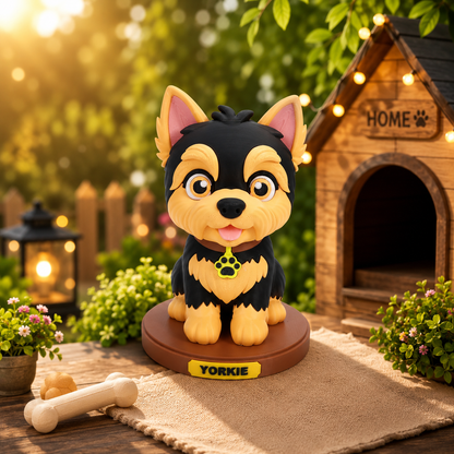 Yorkshire-Terrier Strickfigur frontal, schwarzer Körper mit gelben Abzeichen, auf runder Basis