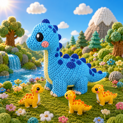 Gestrickte Dinofigur Brachiosaurus in Blau mit mehreren gelben Mini-Dinos