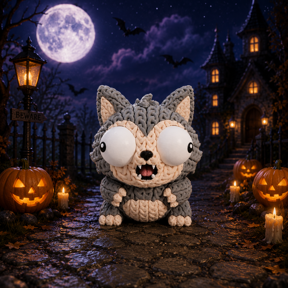 Gestrickte Werwolffigur aus grauem Strick mit beigem Gesicht und großen Augen, grinsend